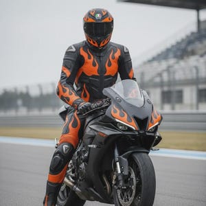 Combinaison moto de course homme personnalisée en cuir noir orange flamme.