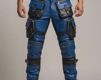 Handmade Men's Blue Leather Cargo Pants