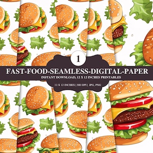 Fast Food Seamless Digital Paper | Burger Fries Pizza Pattern Pack | Cute Printable Backgrounds for Scrapbooking, Crafts & Invitations
