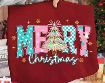 Vrolijke kerstboom, png, retroroze kerstshirtontwerp (digitale download)