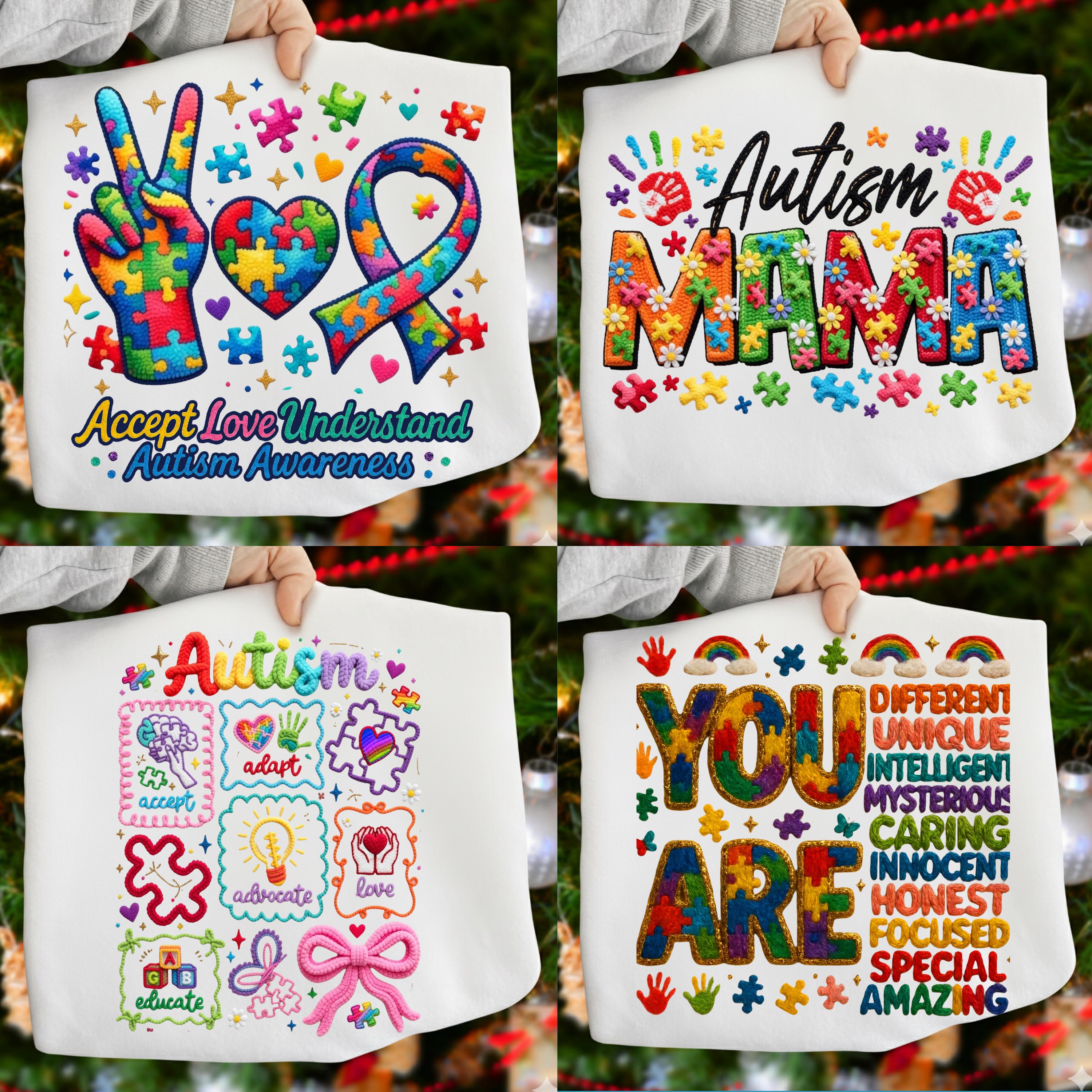 Autism Awareness PNG Bundle, 4 Puzzle Piece Faux Embroidery Designs ...