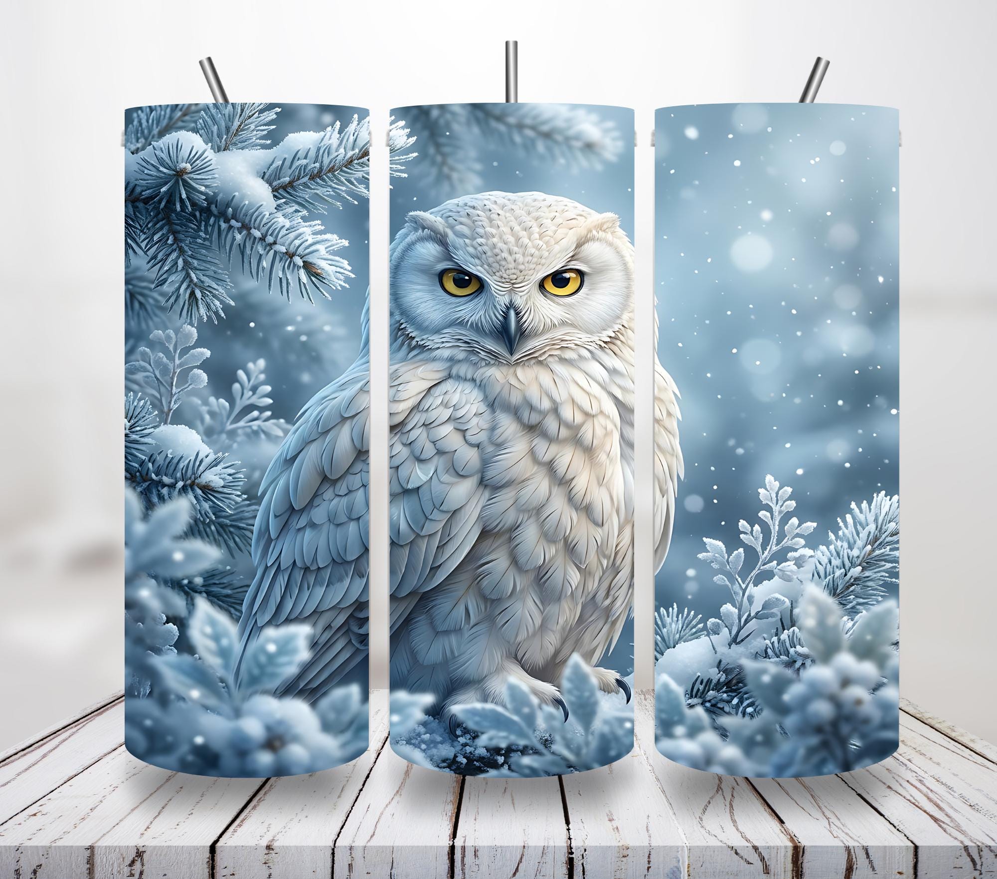 Snowy Owl Tumbler Wrap PNG 20oz Skinny Straight & Tapered, Winter Wildlife Sublimation Design, O