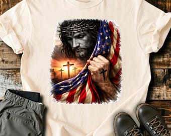 Patriottische Jezus png, christelijke Amerikaanse vlag geloof png, Jezus Christus religieus kunstwerk ontwerp png, onafhankelijkheidsdag shirtontwerp png
