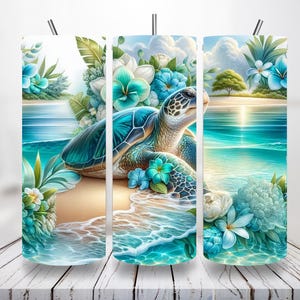 Sea Turtle Beach 20oz Tumbler PNG Ocean Waves Floral Tropical Coastal Drinkware Sublimation Wrap Summer Nature Wildlife Art PNG