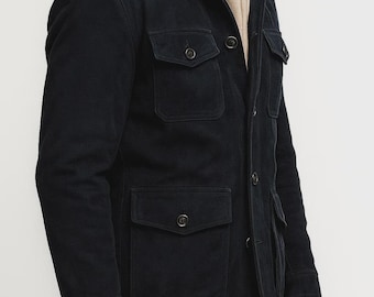 Men’s Navy Blue Suede Field Leather jacket Military Style Outerwear | Vintage Inspired Adventure Coat