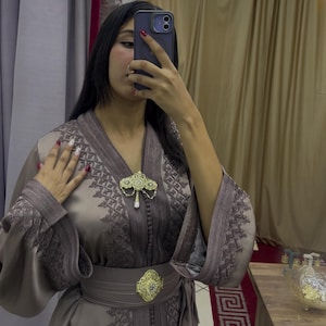 Embroidered Taupe Moroccan Takchita: Wedding Kaftan Dress with Belt