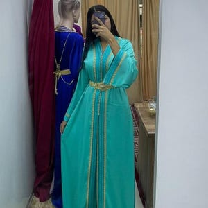 Luxury Turquoise Moroccan Takchita: Gold Embroidery Kaftan Dress