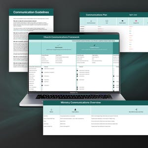 May include: A laptop displaying a "Church Communications Framework" document, with other documents titled "Communication Guidelines", "Communications Plan", and "Ministry Communications Overview". The documents have a teal and white color scheme.