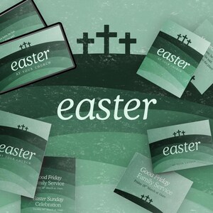 May include: A digitally created image in shades of green, with the word "Easter" prominently displayed. The image includes cards with the text "Easter at your church" and service information. Three crosses are silhouetted against a green background.