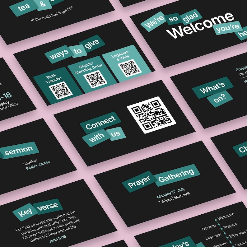 Pu&ograve; includere: Una raccolta di schede grigio scuro con accenti turchesi e testo bianco. Le schede mostrano informazioni su una chiesa, tra cui modi per donare, un sermone e un messaggio di benvenuto. Sono presenti anche codici QR.