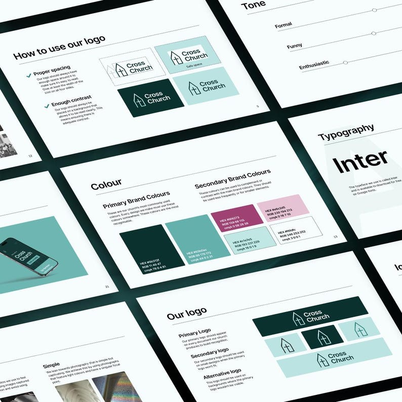 May include: A brand style guide layout featuring the "Cross Church" logo. The guide details logo usage, colour palettes, and typography. The colour palette includes teal, dark teal, and magenta. The guide is presented on white paper.