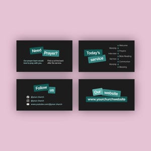 Pu&ograve; includere: Quattro biglietti da visita neri con testo turchese e bianco su sfondo rosa. I biglietti recitano "Hai bisogno di preghiera?", "Servizio di oggi", "Seguici" e "Il nostro sito web". L'indirizzo del sito web &egrave; www.yourchurchwebsite.