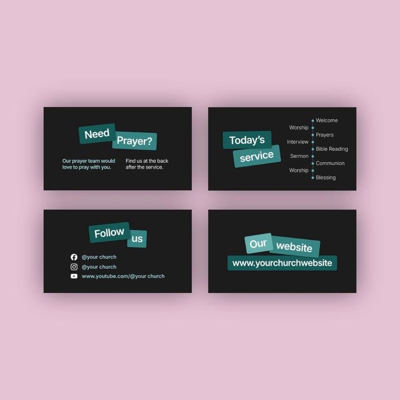 Pu&ograve; includere: Quattro biglietti da visita neri con testo turchese e bianco su sfondo rosa. I biglietti recitano "Hai bisogno di preghiera?", "Servizio di oggi", "Seguici" e "Il nostro sito web". L'indirizzo del sito web &egrave; www.yourchurchwebsite.