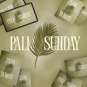 Peut inclure: Composition artistique avec l'inscription « Palm Sunday » dans une police stylisée, accompagnée d'une illustration détaillée d'une feuille de palmier. Le motif est répété sur plusieurs cartes et une tablette, le tout sur fond vert.