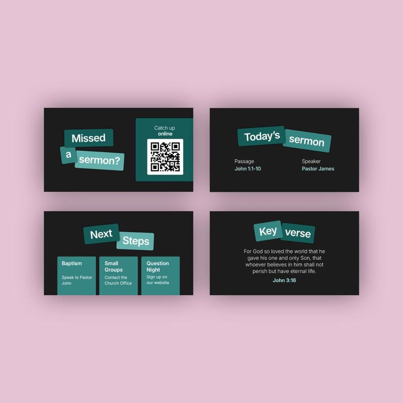 Pu&ograve; includere: Grafica a quattro pannelli su sfondo rosa. I pannelli contengono testo su un sermone, tra cui "Hai perso un sermone?", "Il sermone di oggi", "Prossimi passi" e "Verso chiave". &Egrave; presente anche un codice QR.