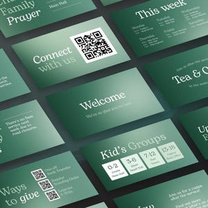 May include: A collection of green cards with white text and QR codes. The cards display information about church services, including "Connect with us," "Welcome," and "Kid's Groups." The cards are arranged at an angle.