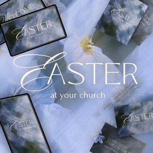 Può includere: Un design a tema pasquale con la parola "Easter" in elegante scrittura, accompagnata da "at your church". Il design è ambientato su uno sfondo floreale morbido con diverse carte rettangolari.
