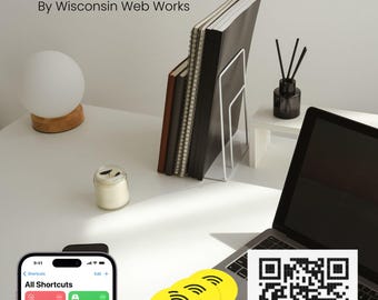 Puede incluir: Imagen de un espacio de trabajo con un portátil, cuadernos y un smartphone que muestra accesos directos de aplicaciones. El texto "Automate Your Life: Smart Tech Tricks for Home & Business" está en la parte superior. También se ven etiquetas NFC amarillas y un código QR.