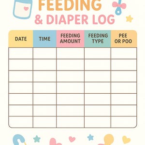 May include: A baby feeding and diaper log with a pastel color scheme. The top of the log features the words "BABY FEEDING & DIAPER LOG" in blue and orange. The log includes sections for date, time, feeding amount, type, and pee or poo.