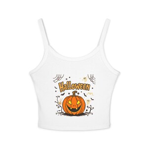 Halloween Spaghetti Strap Tank Top, Cute Halloween Top, Pumpkin Tank, Women&#39;s Halloween Apparel, Spooky Season Shirt, Festive Summer Wear