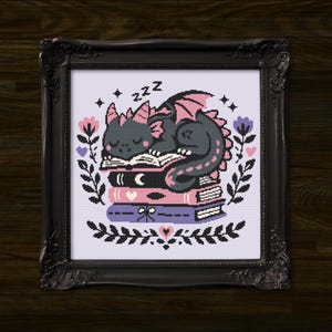 Sleeping Book Dragon Cross Stitch Pattern – Mythical Fantasy Xstitch PDF Pattern