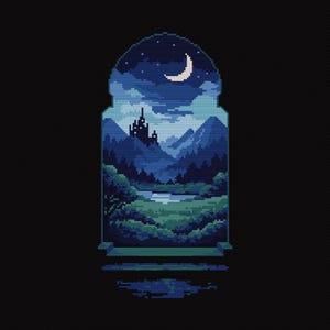 以下が含まれることがあります： アーチ型の窓から見える夜の風景をピクセルアートで表現したイラスト。城、山、三日月、川が描かれており、すべて青と緑の色合いで、黒い背景に配置されています。クロスステッチを彷彿とさせるスタイルです。