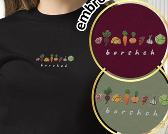 Borscht Embroidered Cotton T-Shirt, Ukrainian Food Folk Design, Slavic Cultural Tee with Traditional Ingredients