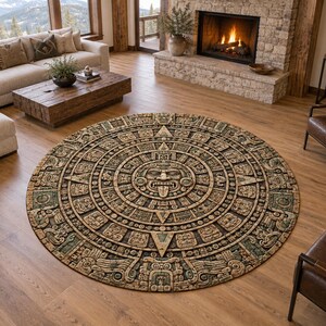 May include: A large circular area rug featuring a detailed, multi-layered Aztec sun stone calendar design in shades of beige, brown, and muted green, with a central face motif surrounded by intricate geometric and symbolic carvings.