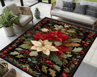 Vintage Christmas Holly Leaf Rug: Red Cream Holiday Decor - Etsy