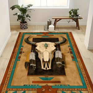 Buffalo Skull Rug,Tribal Western Rug,Native American Style Rug,Southwestern Cow Skull Rug, Feather Decor Rug, Rustic Boho Rug,Turquoise Rug