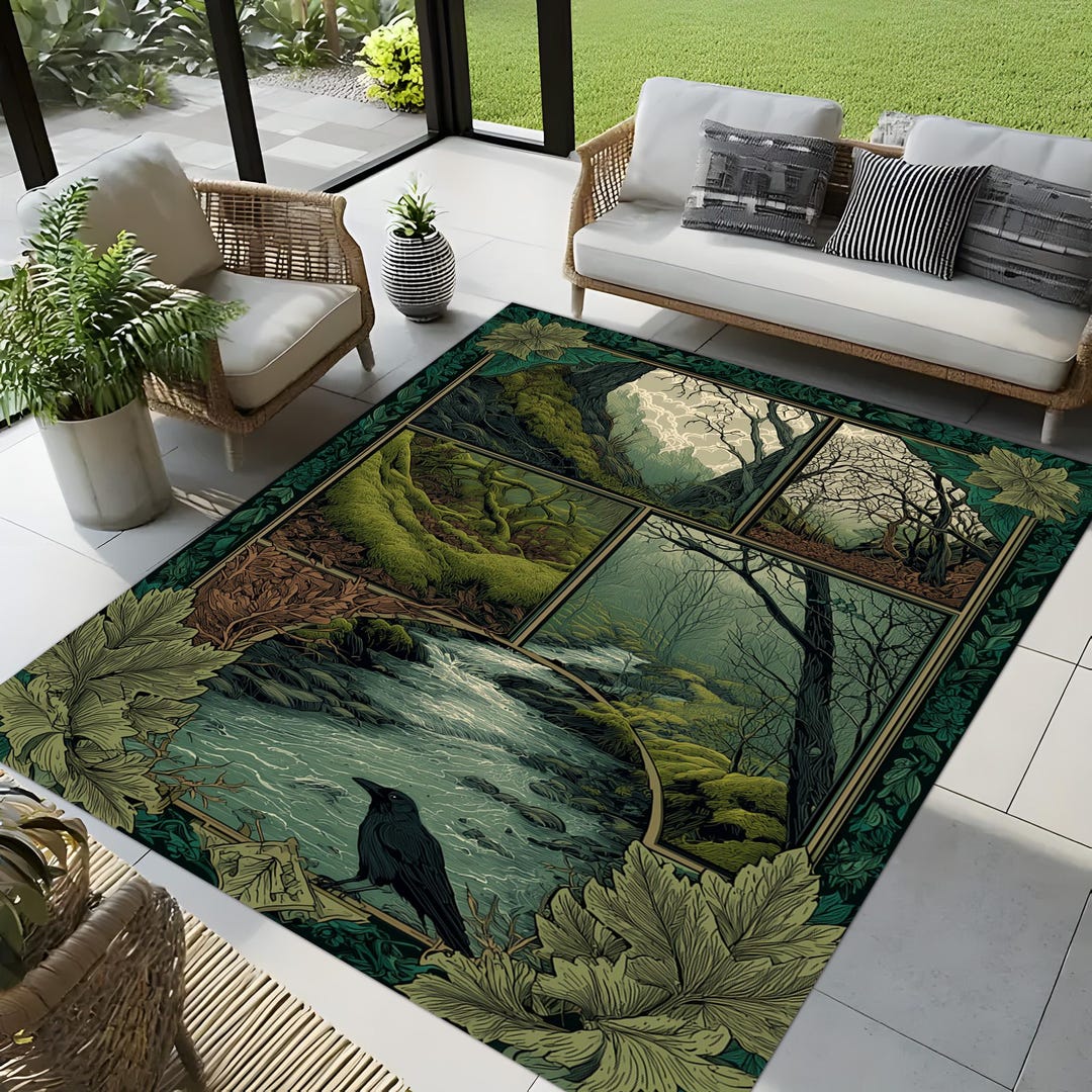Collage Rug Cabin Style Forest and Raven Area Rug: Decorative Collage Rug - Etsy