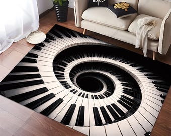 Tapis aspect 3D, touches de piano, décoration de salle de musique noir et blanc