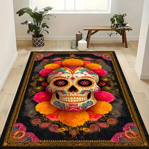 Day Of The Dead Sugar Skull Rug, Colorful Mexican Skull Rug, Gothic Festival Rug, Vibrant Skeleton Rug, Decorative Halloween Rug,Skull Rug