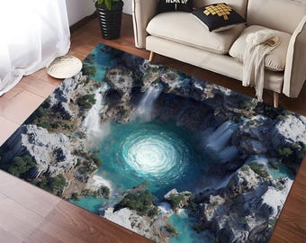 3D Look Detailed Scene of Massive Stone Crater Rug: Optical Art, Cotton Base, Washable