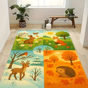 four seasons rug,animal rug,rabbit rug,fox rug,deer rug,hedgehog rug,winter rug,autumn rug,spring rug,summer rug,forest rug,kids rug