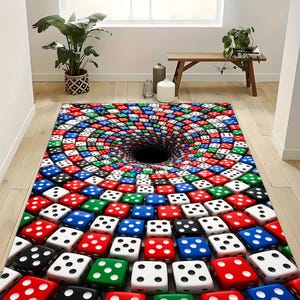 May include: A rectangular rug featuring a 3D optical illusion of a black hole. The rug is covered in colorful dice, with red, white, blue, green, and black dice arranged in concentric circles, creating a spiral effect towards the center.