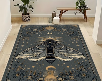 Mystic Moth Rug: Golden Insect, Celestial Moon & Starry Sky