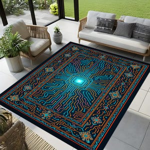 Puede incluir: Una alfombra rectangular con un diseño de placa de circuito. La alfombra presenta un fondo azul oscuro con un cuadrado central y líneas coloridas en naranja, azul y rosa. La alfombra está colocada en una habitación bien iluminada con muebles de mimbre.