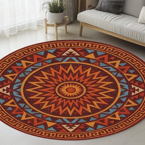 May include: A round area rug with a geometric pattern in shades of red, orange, and blue. The rug features a central sunburst design surrounded by repeating triangular and rectangular shapes. The rug is placed on a light-colored floor.