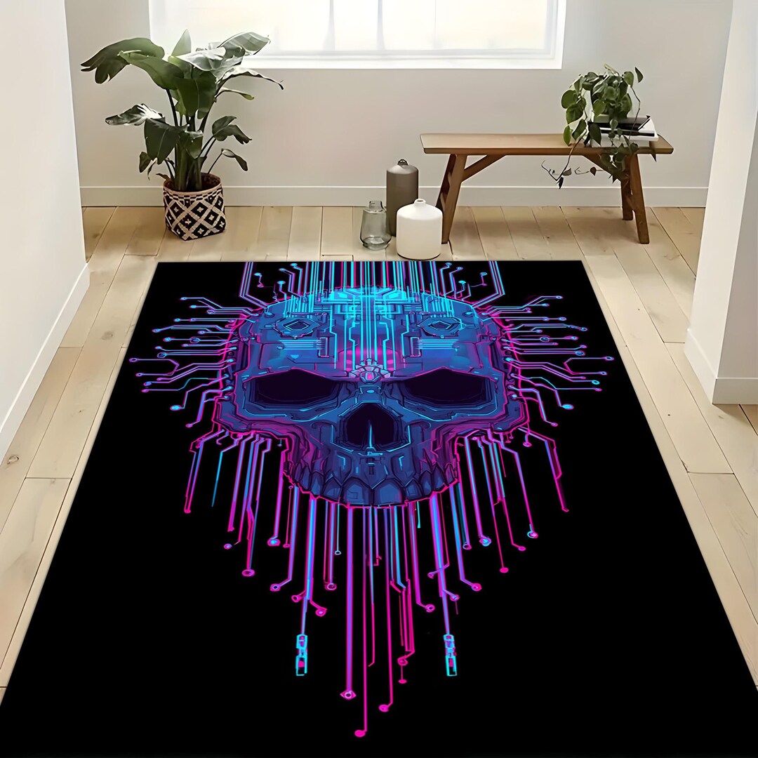 Technology Rug Cyberpunk Skull Rug: Neon Tech, Futuristic Circuit Design - Etsy