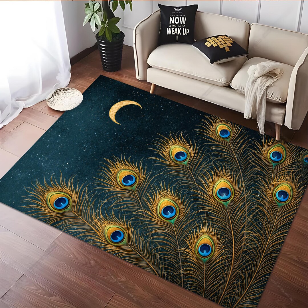 Teal Gold Peacock Feather Rug, Celestial Boho Style - Etsy