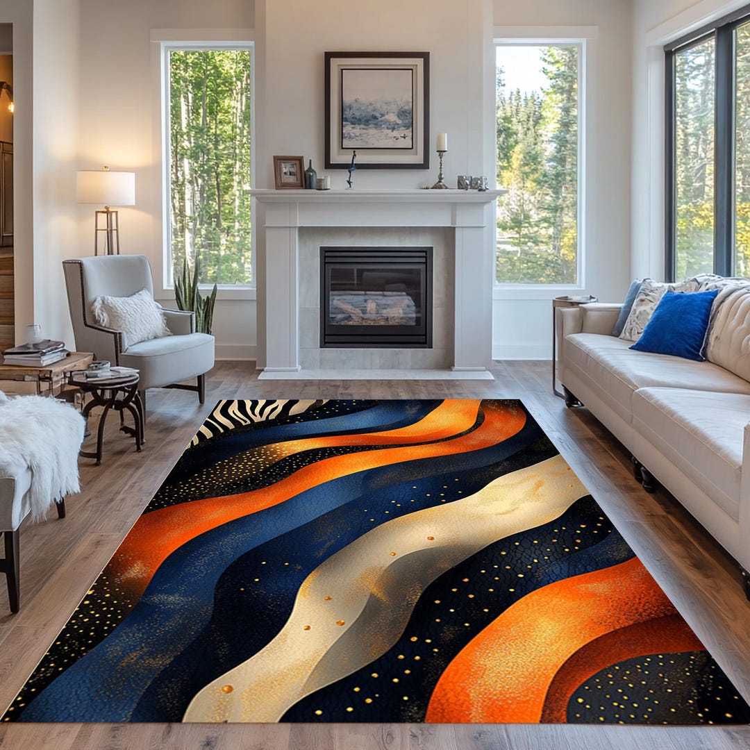 Blue & Orange Abstract Area Rug: Modern Geometric Lines - Etsy