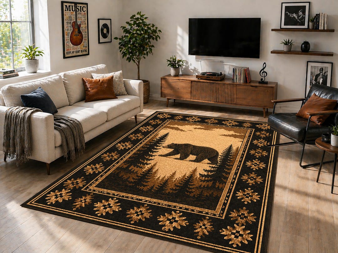 Wildlife Rug Bear Cabin Rug, Rustic Wildlife Rug, Forest Bear Rug, Lodge Decor Rug ...