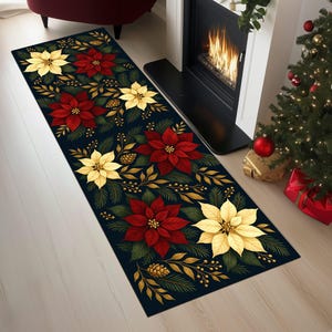 Poinsettia Christmas Runner, Red and Yellow Floral Decor, Washable Rug