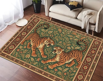 Vintage Bengal Tigers Rug: Botanical Jungle Safari Decor
