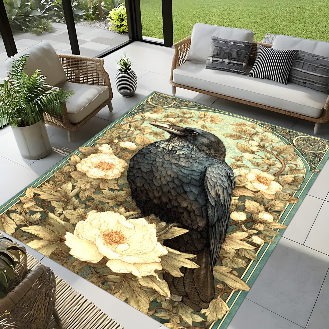 Floral Crow Area Rug: Rustic Cabin Decor, Animal Design - Etsy
