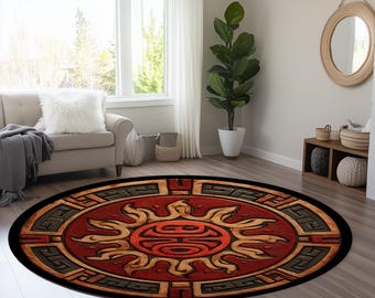 Okrągły dywan Aztec Sun, medalion plemienny Boho, styl etniczny