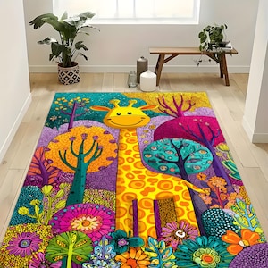 Colorful Giraffe Rug,Kids Room Animal Rug,Cartoon Jungle Rug,Playroom Giraffe Rug,Colorful Nursery Rug,Playful Kids Cartoon Animal Rug
