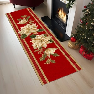 Yellow Poinsettia Christmas Runner, Red and Yellow Floral Decor, Washable Cotton Base Rug
