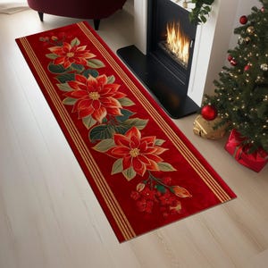 Christmas Poinsettia Runner, Red and Golden Floral Christmas Decor, Washable Rug